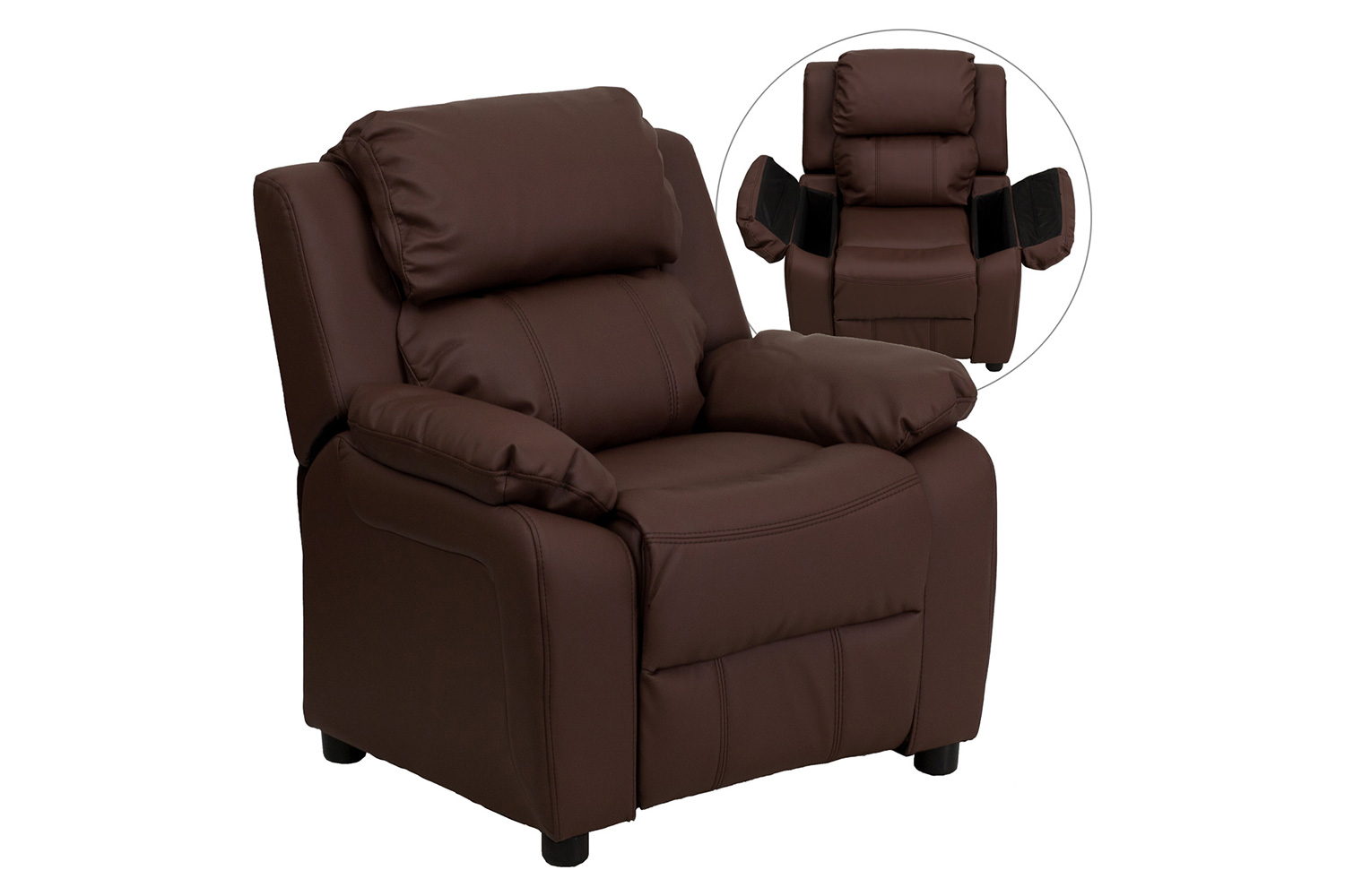 BLNK™ Charlie Deluxe LeatherSoft Padded Contemporary Kids Recliner with Storage Arms - Brown