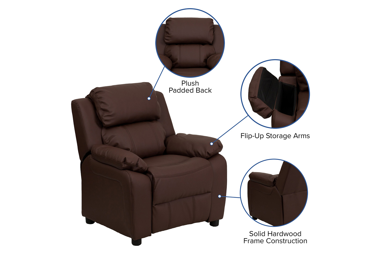 BLNK™ Charlie Deluxe LeatherSoft Padded Contemporary Kids Recliner with Storage Arms - Brown