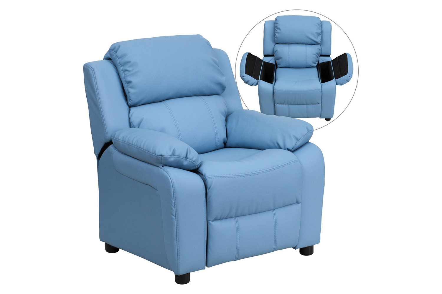 BLNK Charlie Deluxe Vinyl Padded Contemporary Kids Recliner with Storage Arms - Light Blue