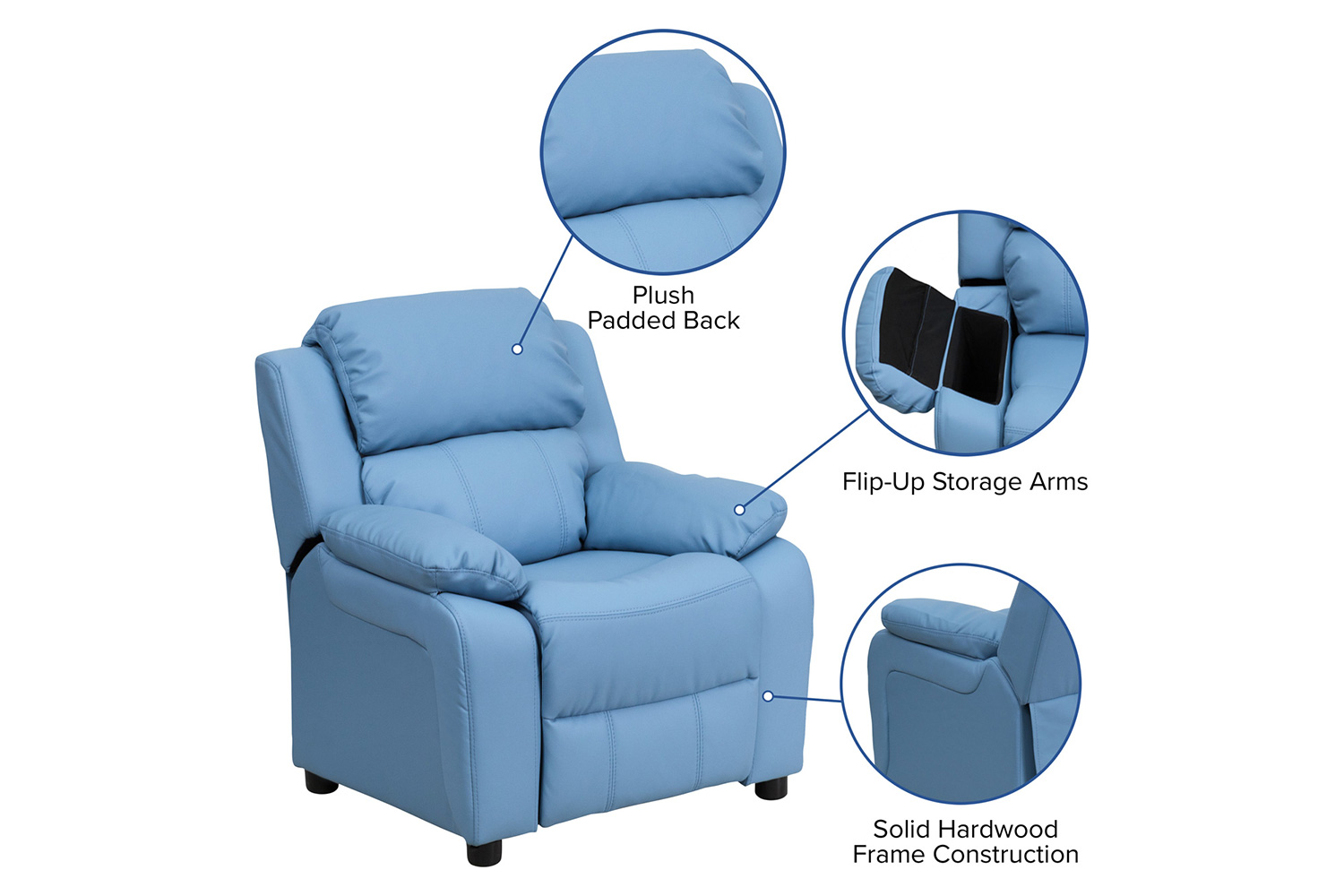 BLNK Charlie Deluxe Vinyl Padded Contemporary Kids Recliner with Storage Arms - Light Blue