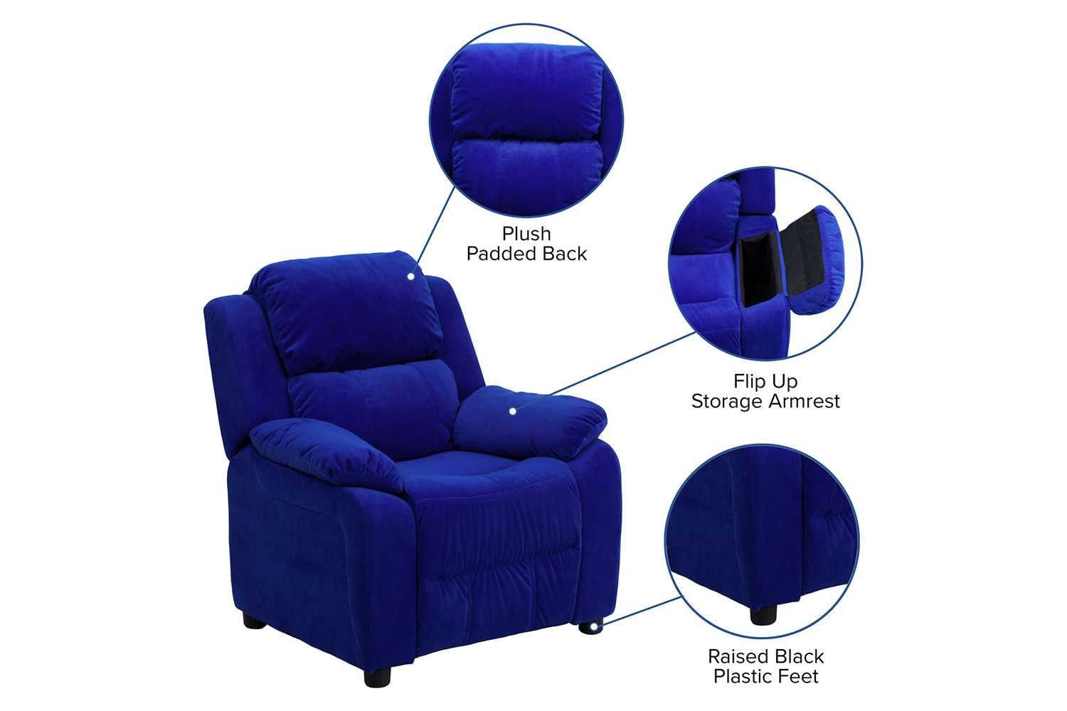 BLNK Charlie Deluxe Microfiber Padded Contemporary Kids Recliner with Storage Arms - Blue