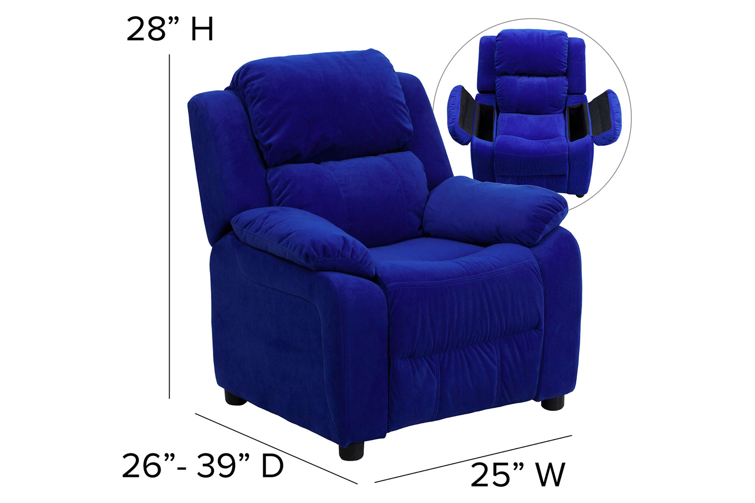 BLNK Charlie Deluxe Microfiber Padded Contemporary Kids Recliner with Storage Arms - Blue