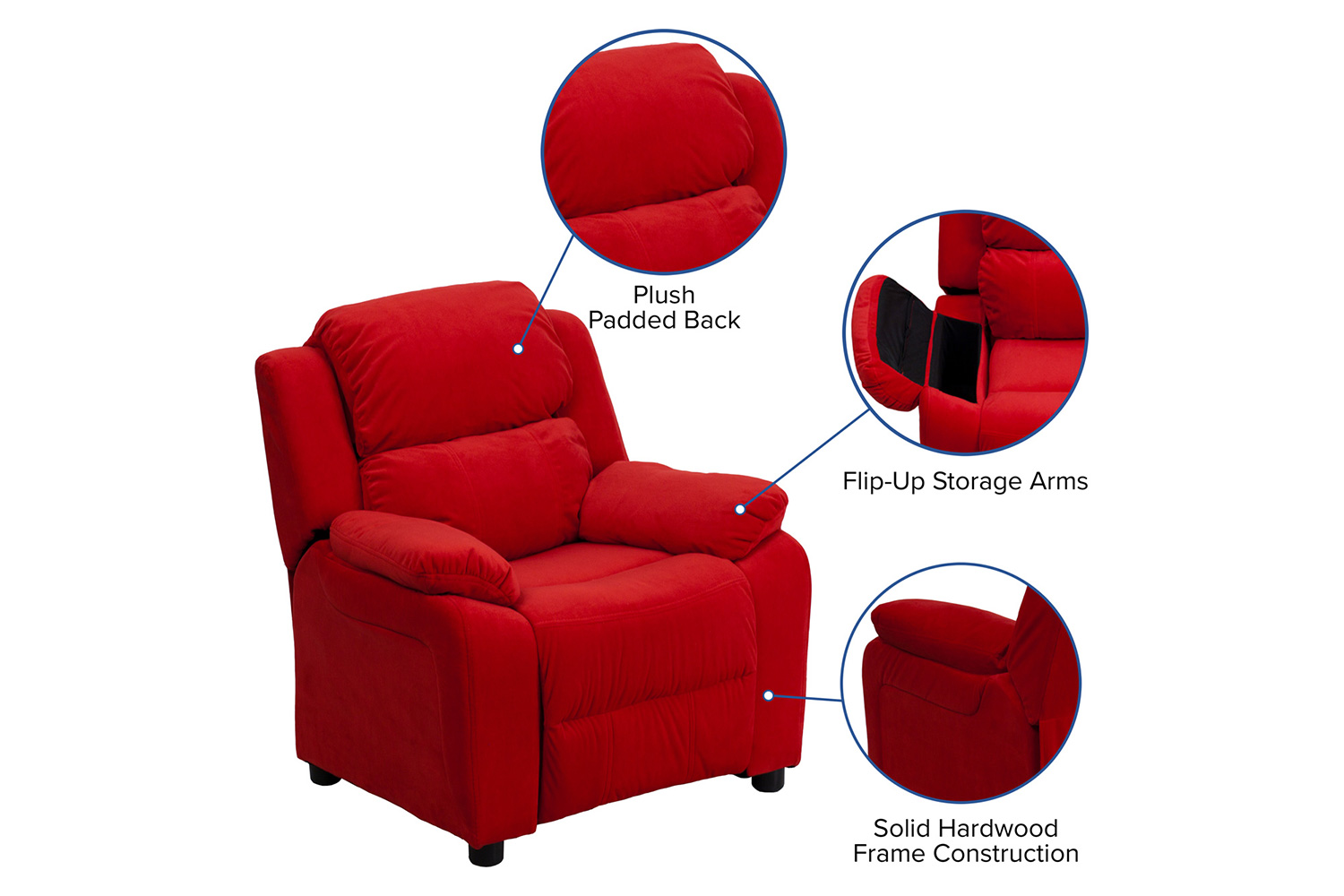 BLNK™ Charlie Deluxe Microfiber Padded Contemporary Kids Recliner with Storage Arms - Red