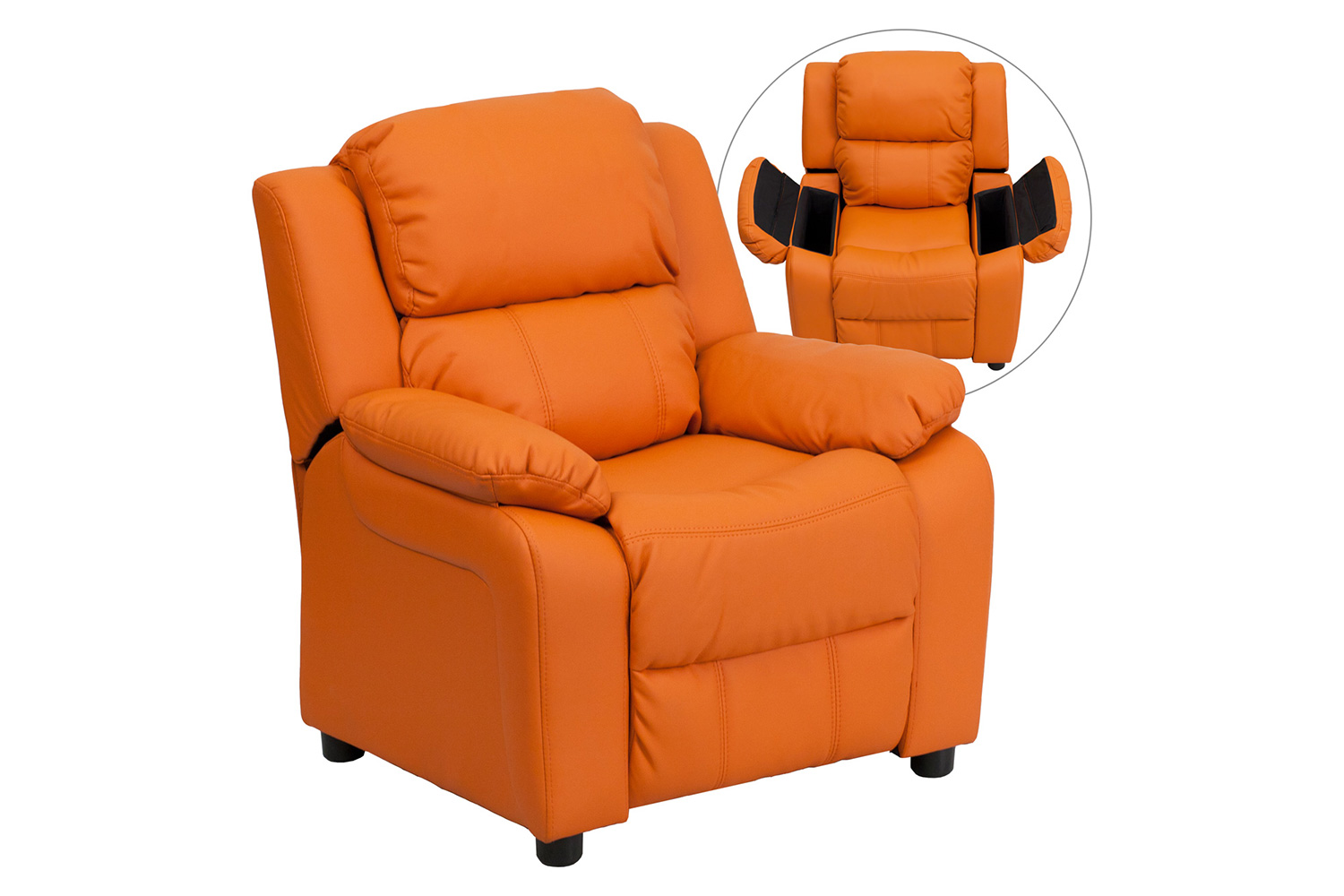 BLNK Charlie Deluxe Vinyl Padded Contemporary Kids Recliner with Storage Arms - Orange