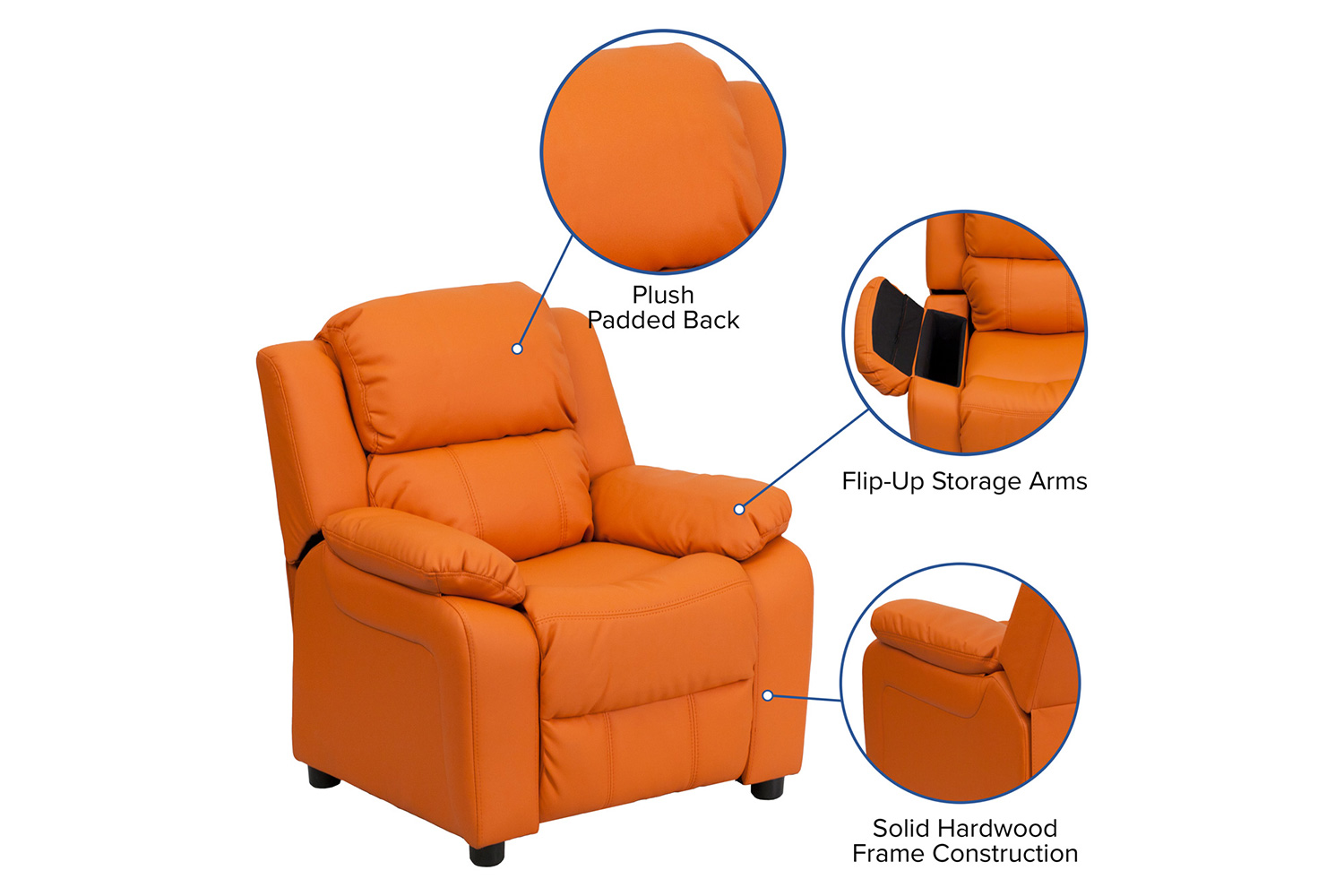 BLNK Charlie Deluxe Vinyl Padded Contemporary Kids Recliner with Storage Arms - Orange