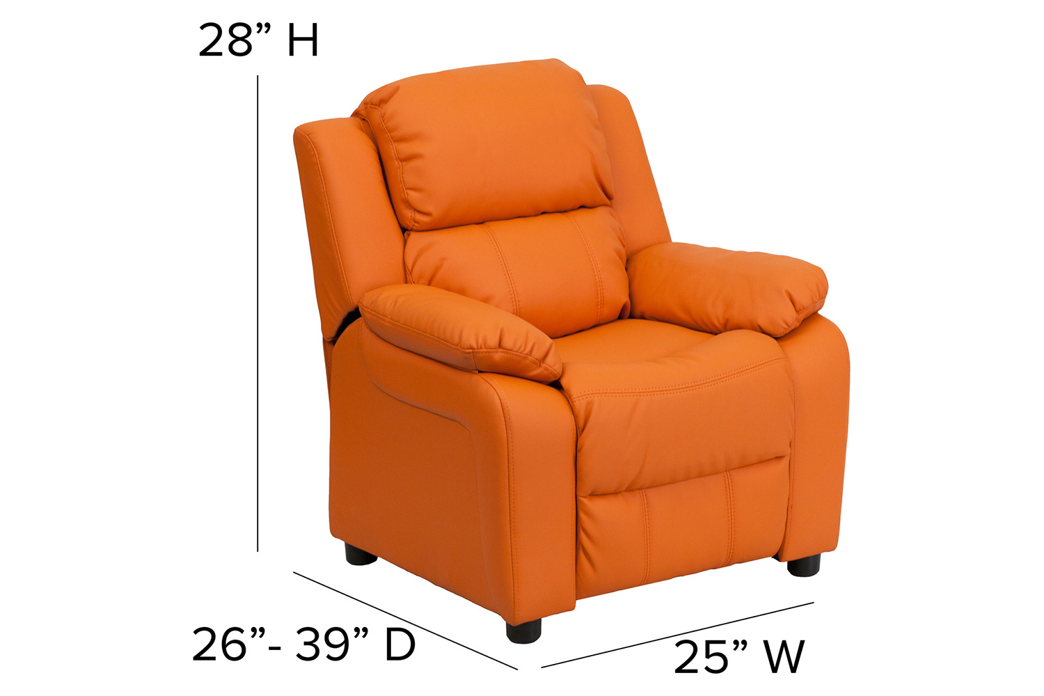 BLNK Charlie Deluxe Vinyl Padded Contemporary Kids Recliner with Storage Arms - Orange