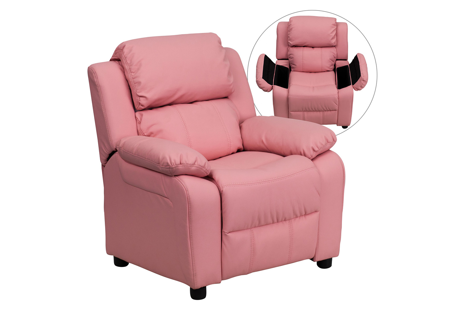 BLNK Charlie Deluxe Vinyl Padded Contemporary Kids Recliner with Storage Arms - Pink