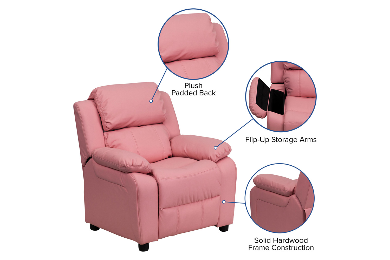 BLNK Charlie Deluxe Vinyl Padded Contemporary Kids Recliner with Storage Arms - Pink