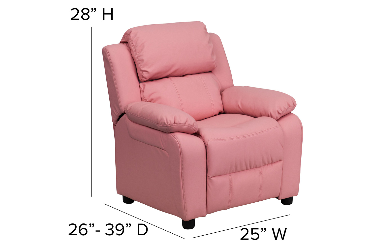 BLNK Charlie Deluxe Vinyl Padded Contemporary Kids Recliner with Storage Arms - Pink