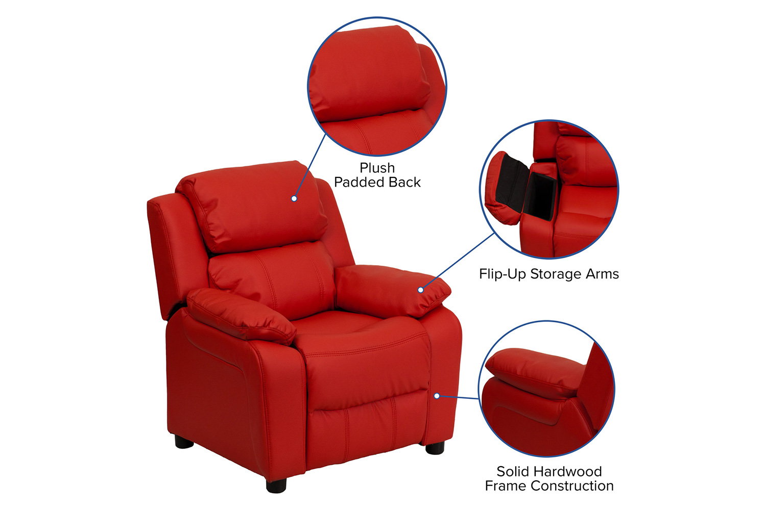 BLNK Charlie Deluxe Vinyl Padded Contemporary Kids Recliner with Storage Arms - Red