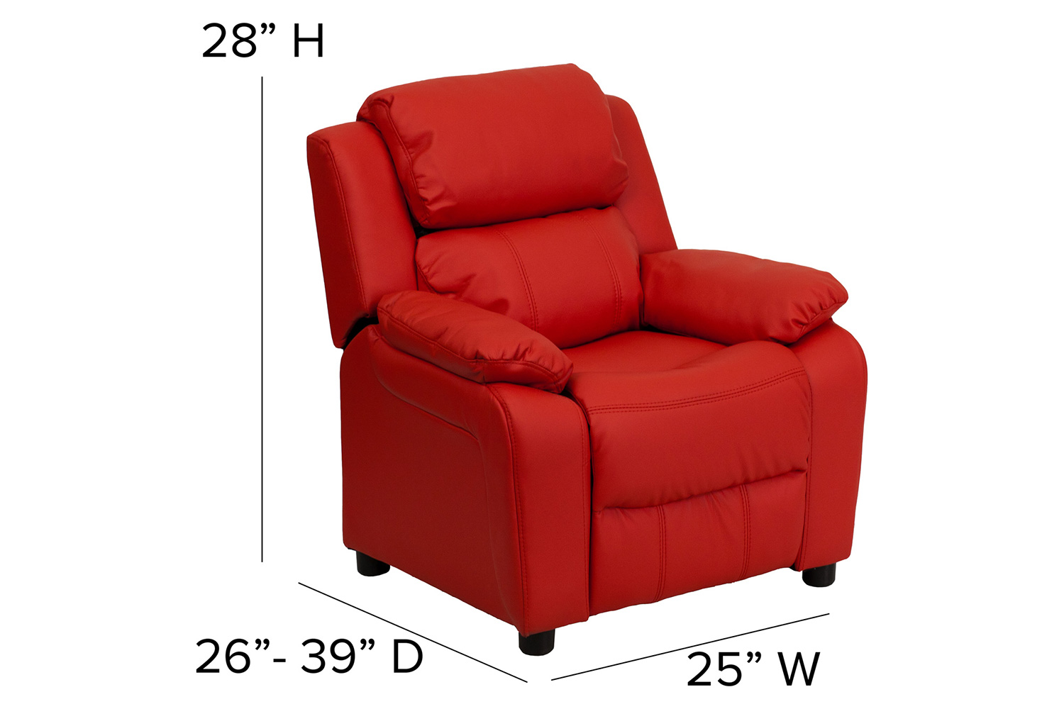 BLNK Charlie Deluxe Vinyl Padded Contemporary Kids Recliner with Storage Arms - Red