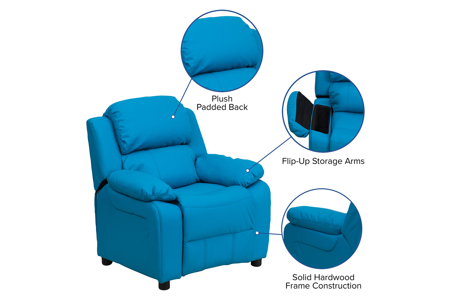 BLNK Charlie Deluxe Vinyl Padded Contemporary Kids Recliner with Storage Arms - Turquoise