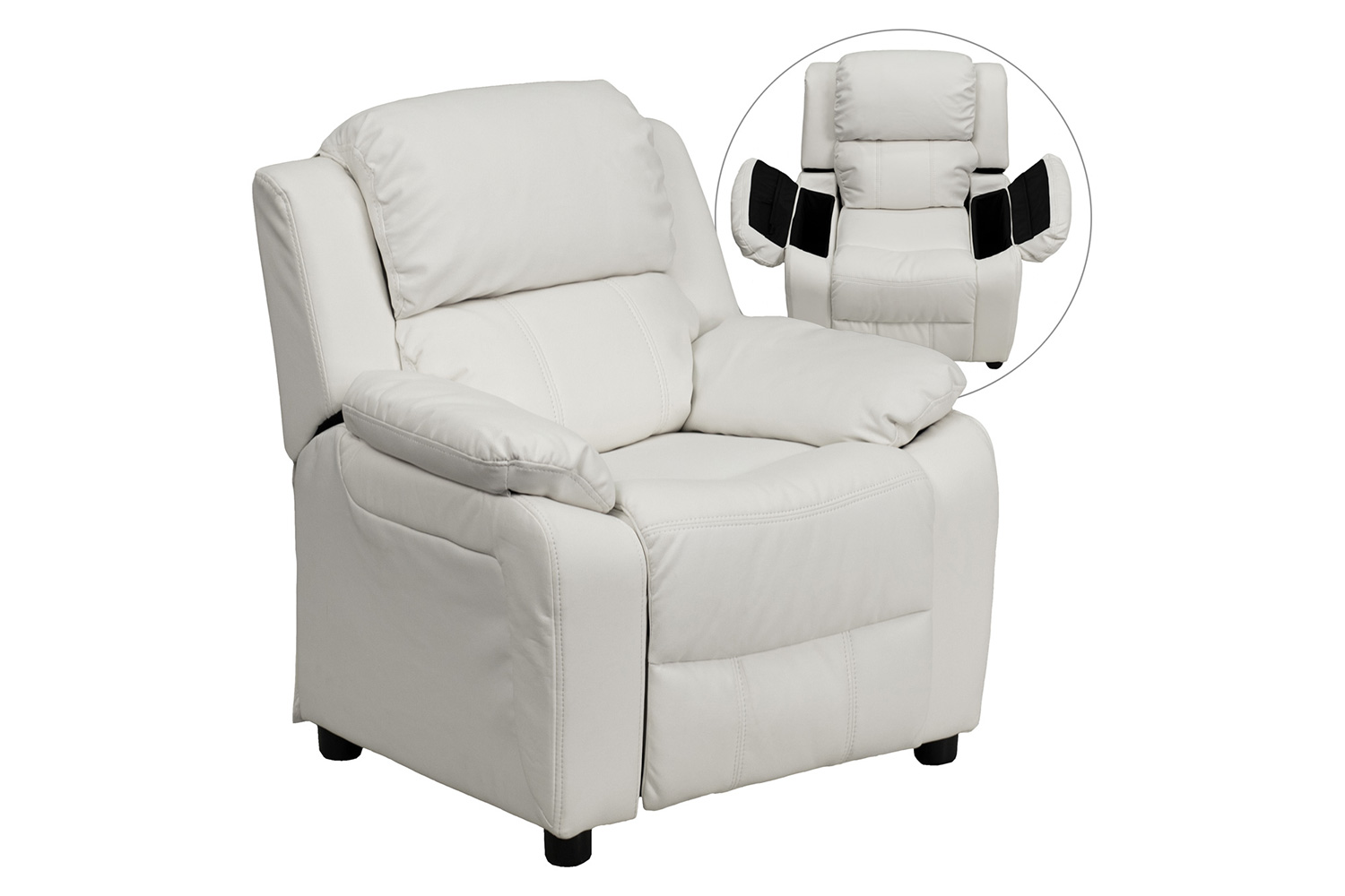 BLNK™ Charlie Deluxe Vinyl Padded Contemporary Kids Recliner with Storage Arms - White