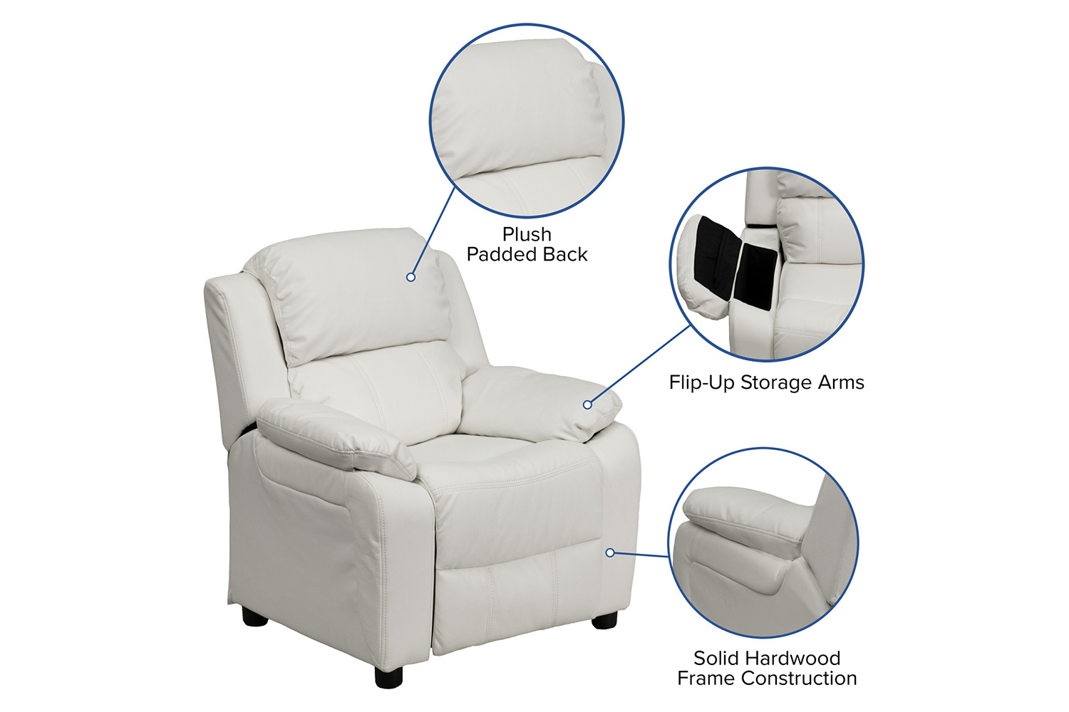 BLNK™ Charlie Deluxe Vinyl Padded Contemporary Kids Recliner with Storage Arms - White