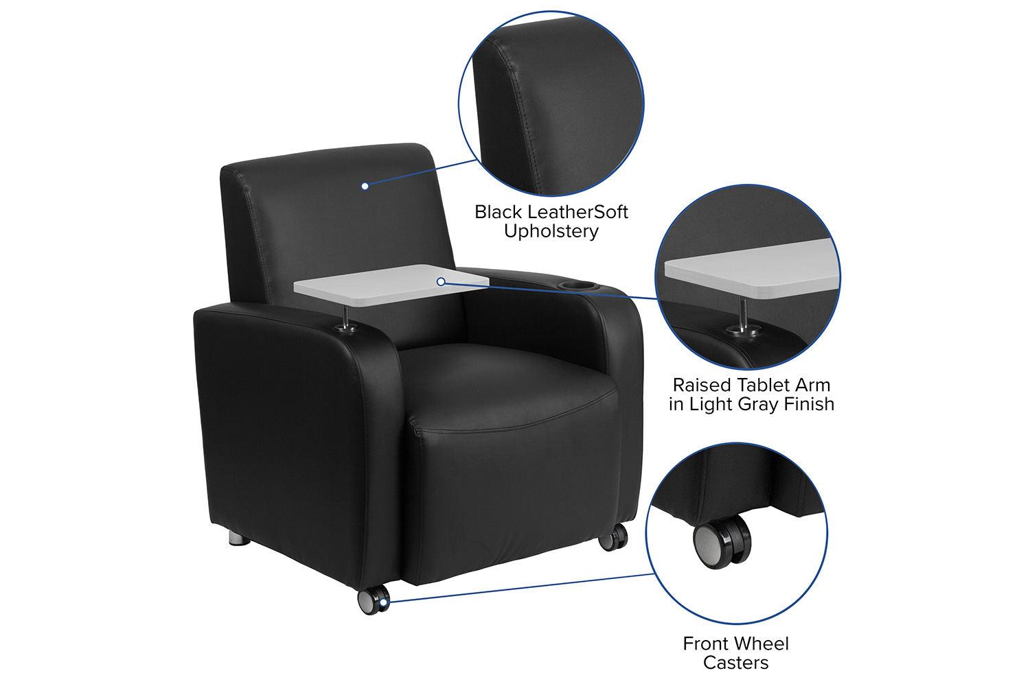 BLNK™ George LeatherSoft Guest Chair with Tablet Arm, Front Wheel Casters and Cup Holder - Black