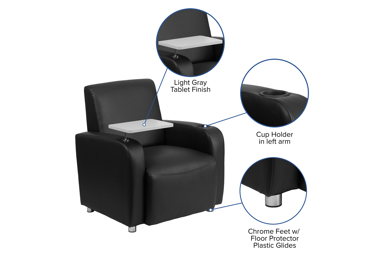 BLNK™ George LeatherSoft Guest Chair with Tablet Arm, Chrome Legs and Cup Holder - Black