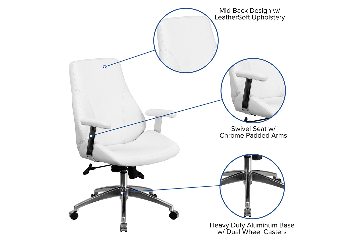 BLNK Hansel LeatherSoft Mid-Back Smooth Upholstered Executive Swivel Office Chair with Arms - White