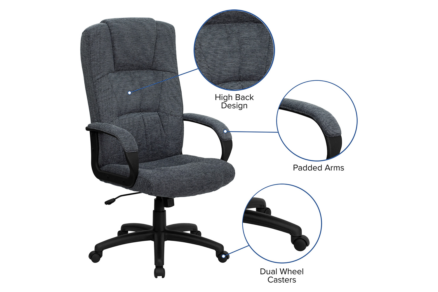 BLNK Rochelle Fabric High-Back Executive Swivel Office Chair with Arms - Gray