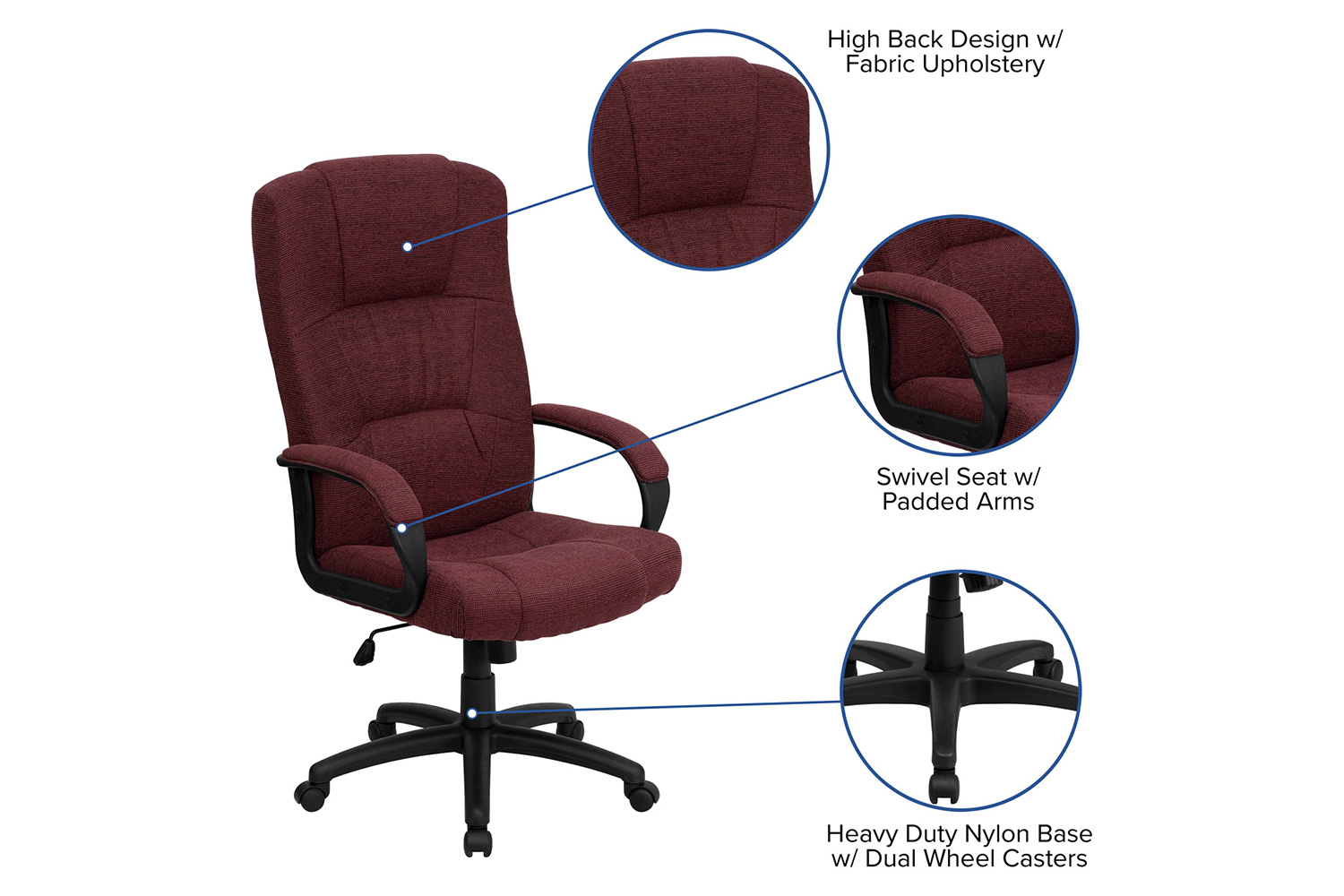 BLNK Rochelle Fabric High-Back Executive Swivel Office Chair with Arms - Burgundy