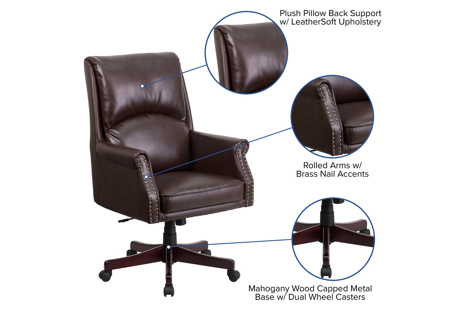 BLNK Hansel LeatherSoft High-Back Pillow Back Executive Swivel Office Chair with Arms - Brown