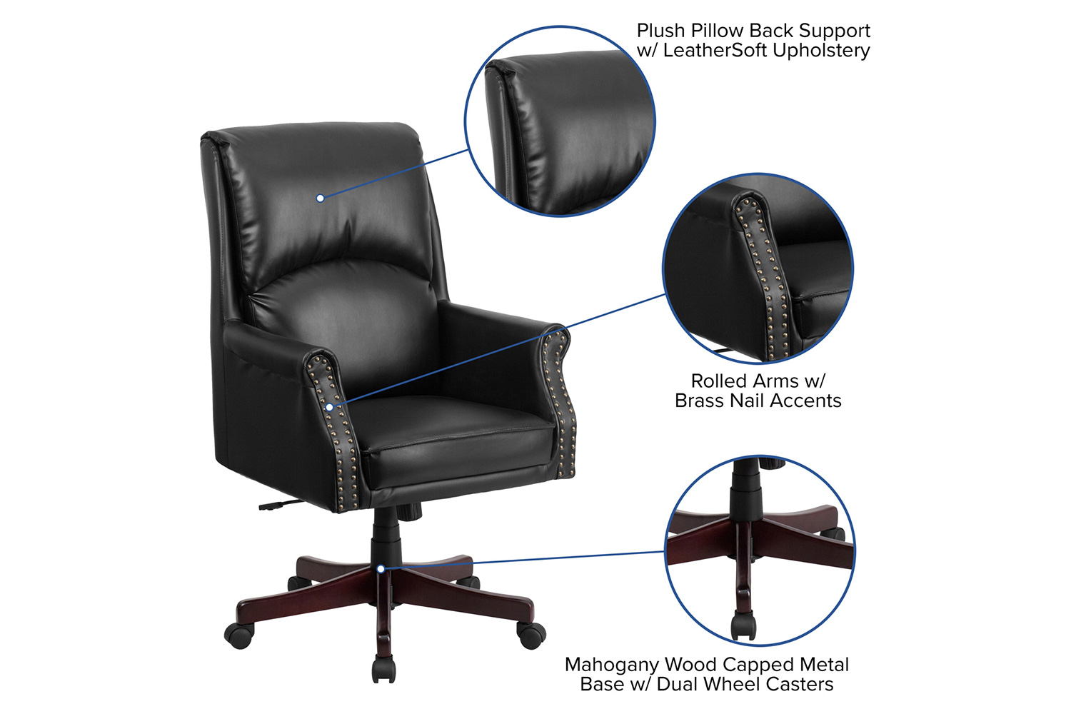 BLNK Hansel LeatherSoft High-Back Pillow Back Executive Swivel Office Chair with Arms - Black