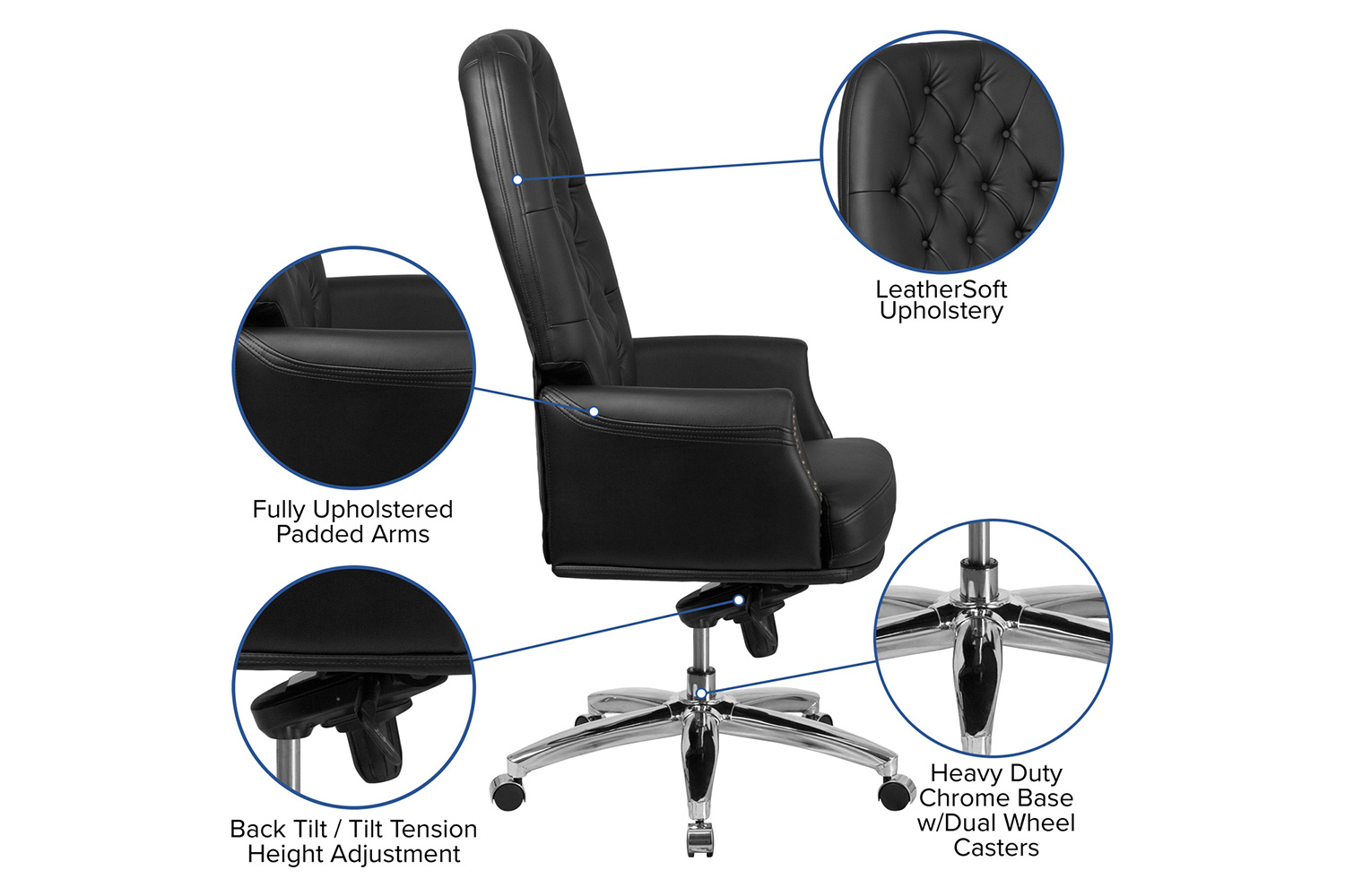 BLNK Hansel LeatherSoft High-Back Traditional Tufted Multifunction Executive Swivel Ergonomic Office Chair with Arms - Black