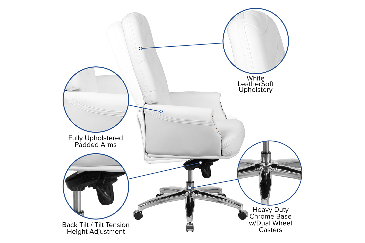 BLNK Hansel LeatherSoft High-Back Traditional Tufted Multifunction Executive Swivel Ergonomic Office Chair with Arms - White