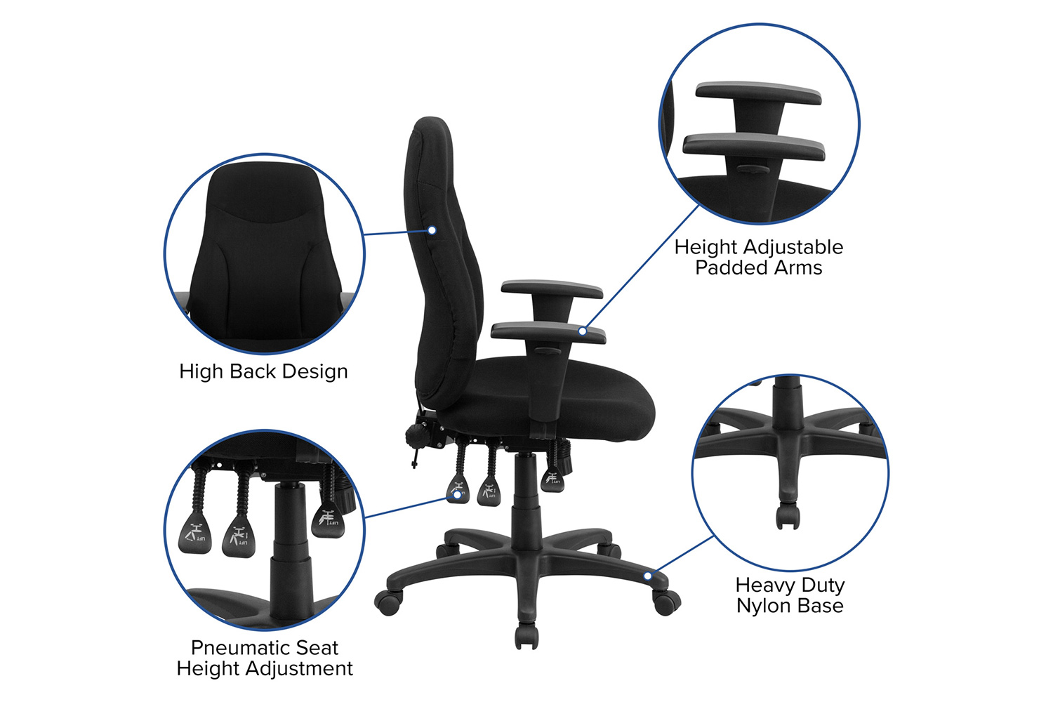 BLNK Hughes Fabric High-Back Multifunction Swivel Ergonomic Task Office Chair - with Adjustable Arms