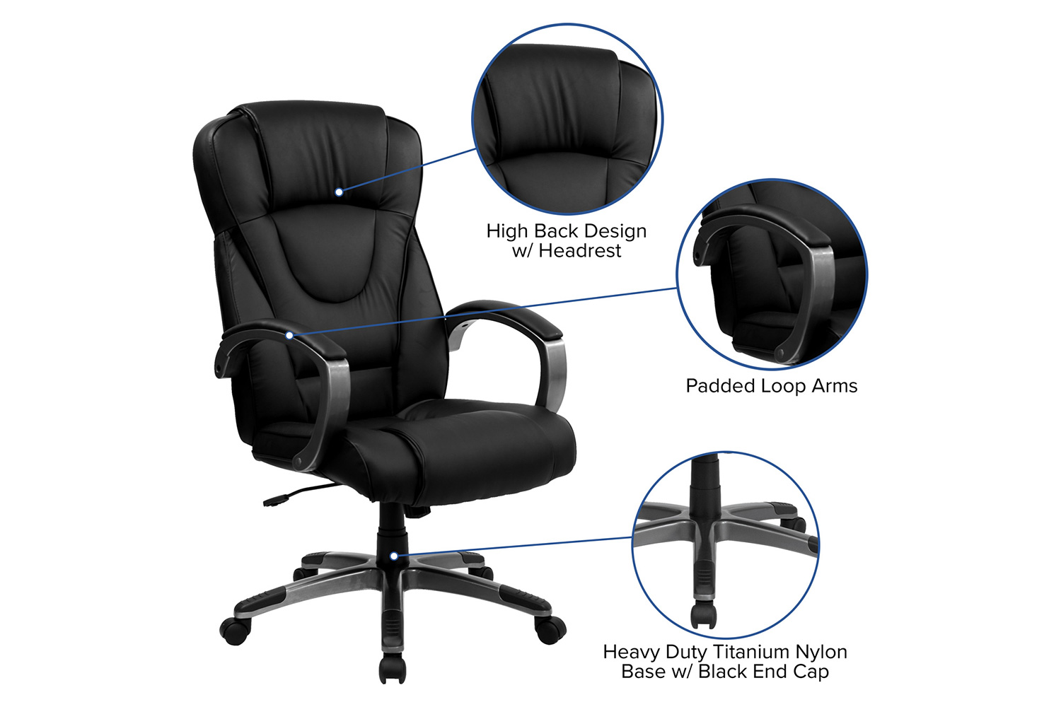 BLNK Hansel LeatherSoft High-Back Executive Swivel Office Chair with Titanium Nylon Base and Loop Arms - Black