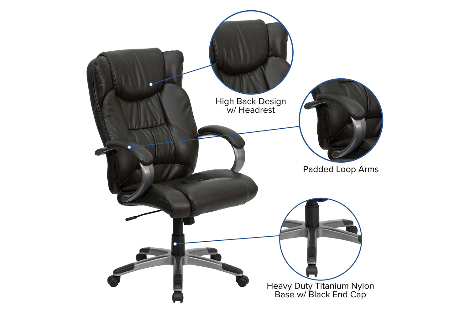 BLNK Hansel LeatherSoft High-Back Executive Swivel Office Chair with Titanium Nylon Base and Loop Arms - Espresso Brown