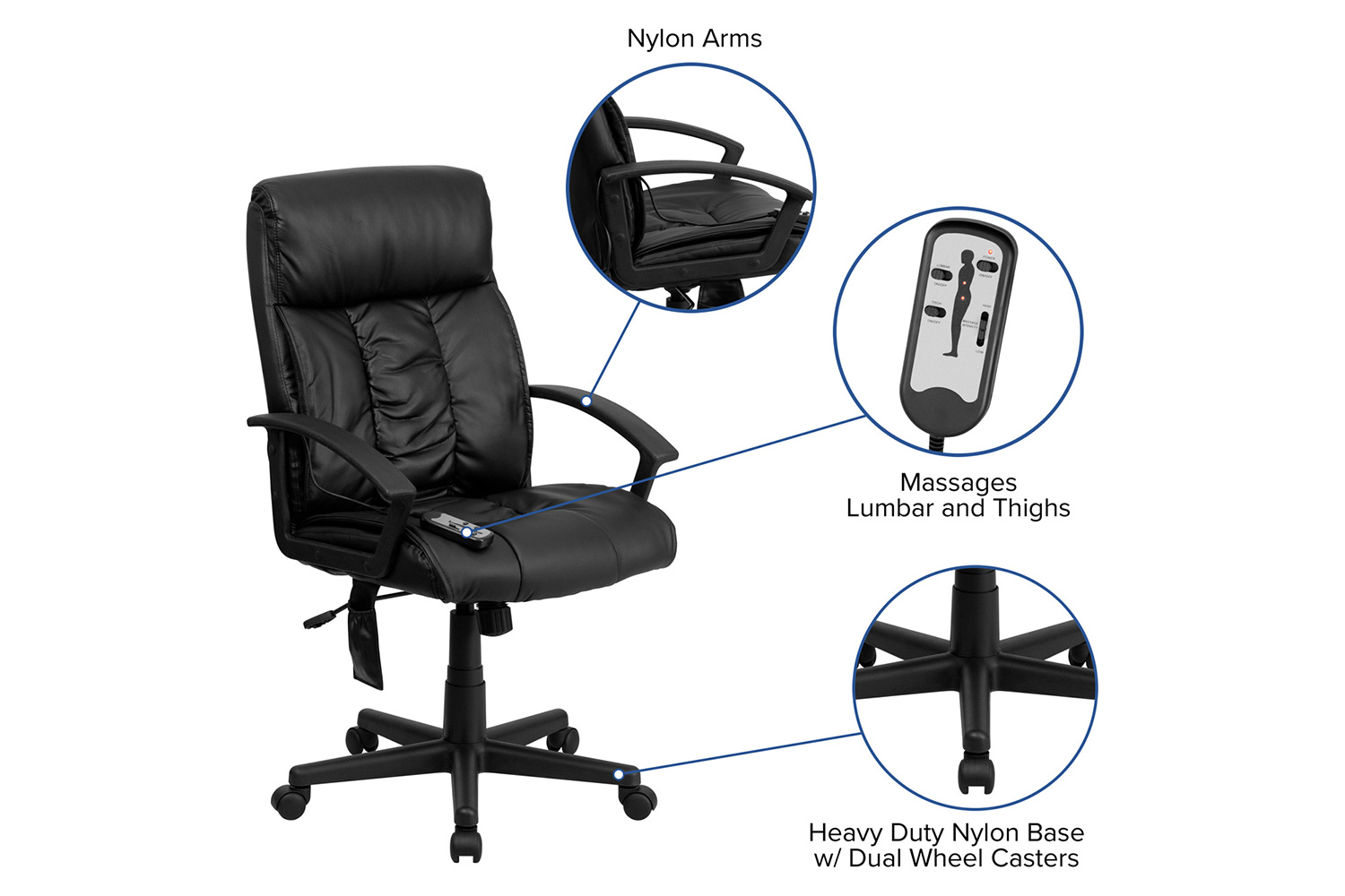 BLNK - Sumter LeatherSoft High-Back Ergonomic Massaging Executive Swivel Office Chair with Side Remote Pocket and Arms