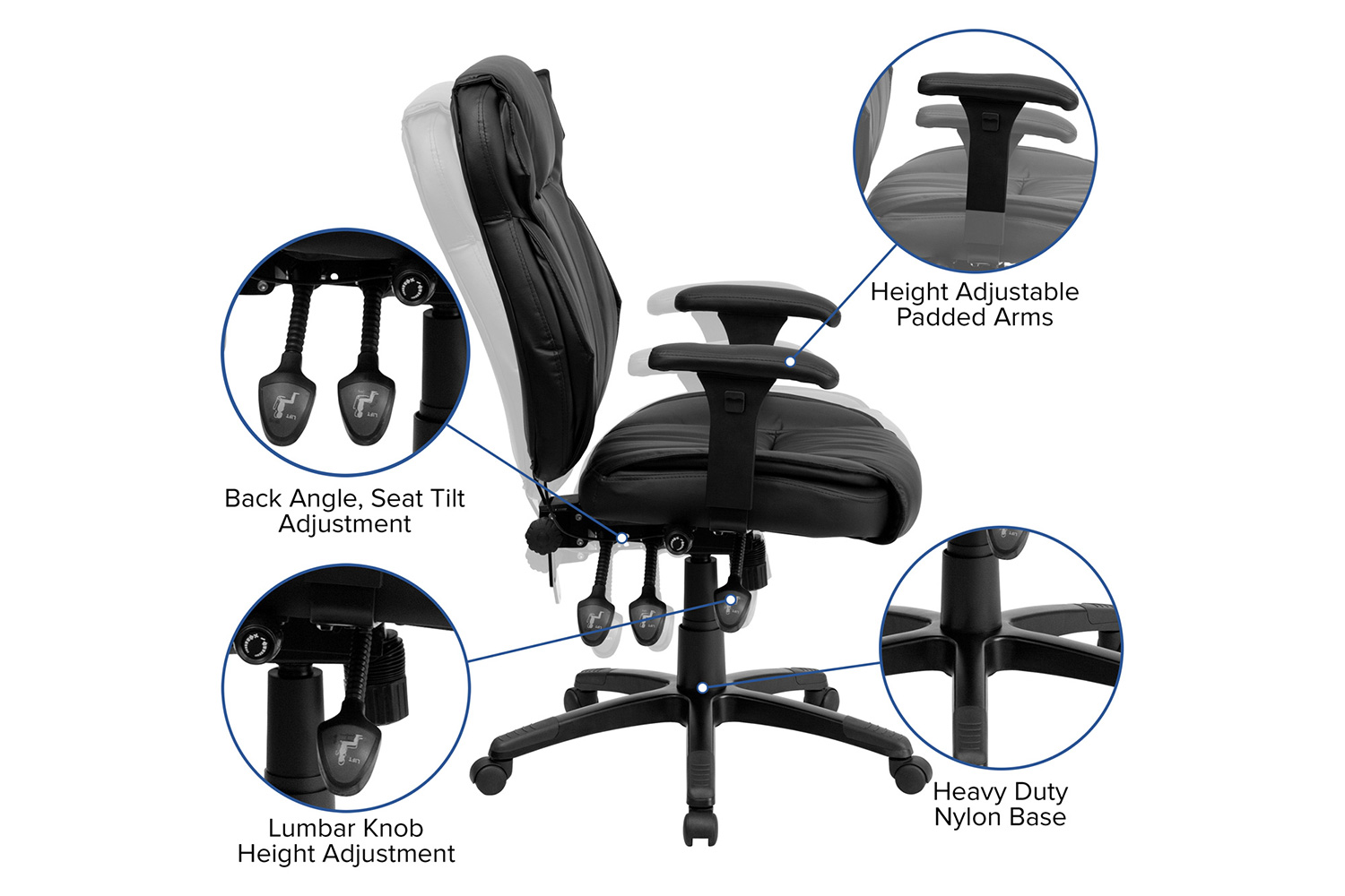 BLNK - Hansel LeatherSoft High-Back Multifunction Executive Swivel Ergonomic Office Chair with Lumbar Support Knob with Arms