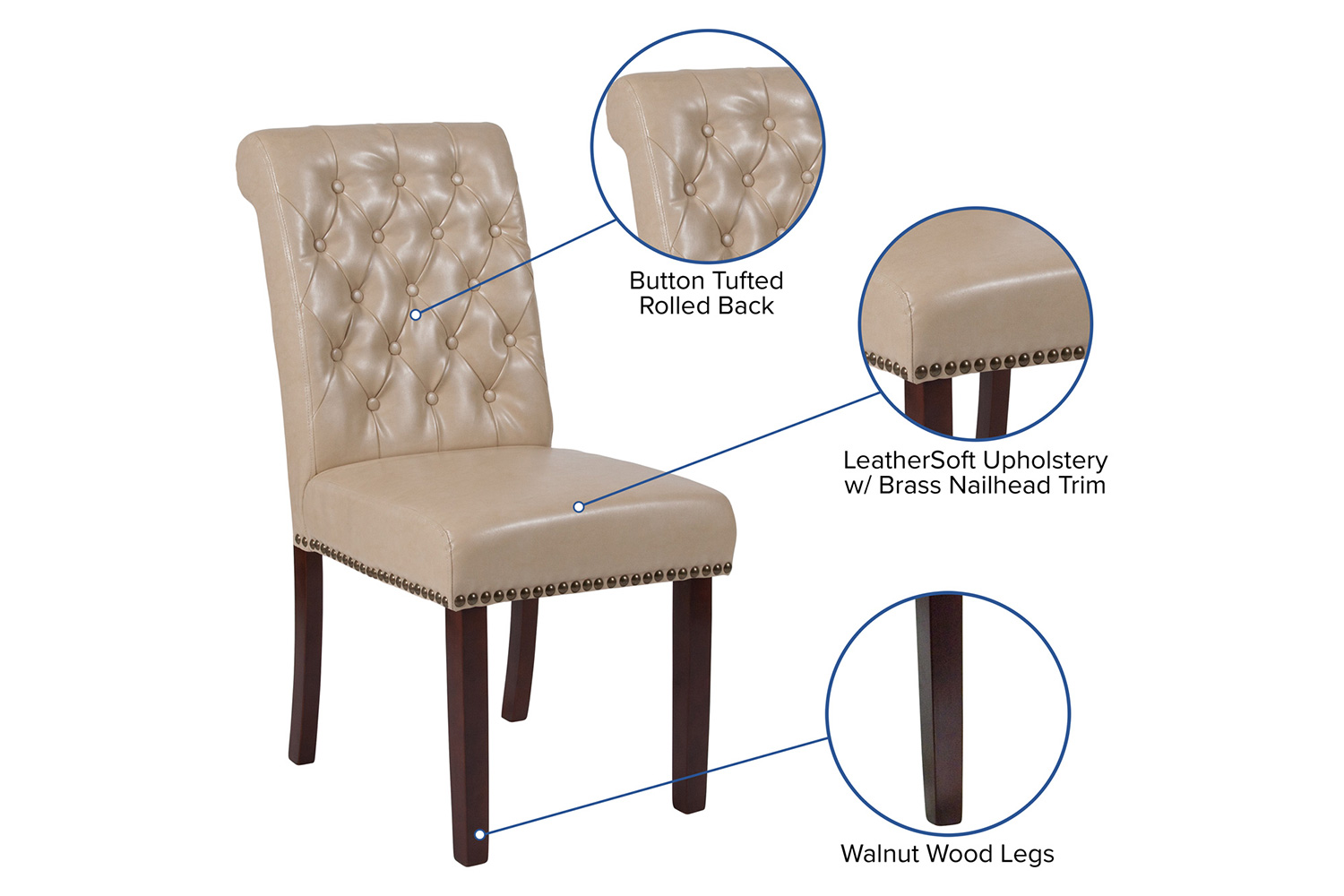 BLNK™ HERCULES Series LeatherSoft Parsons Chair with Rolled Back, Accent Nail Trim and Walnut Finish - Beige