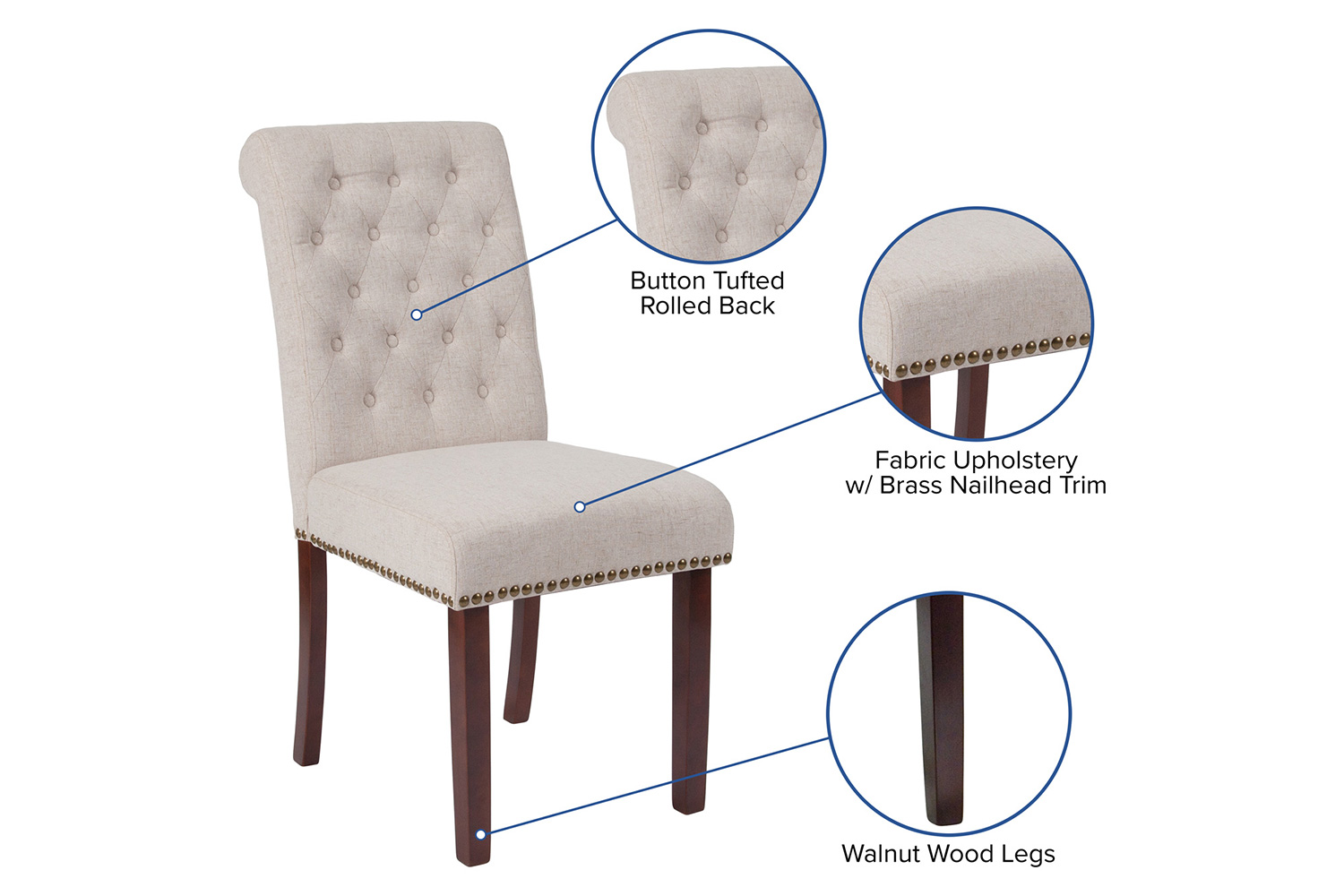 BLNK™ HERCULES Series Fabric Parsons Chair with Rolled Back, Accent Nail Trim and Walnut Finish - Beige