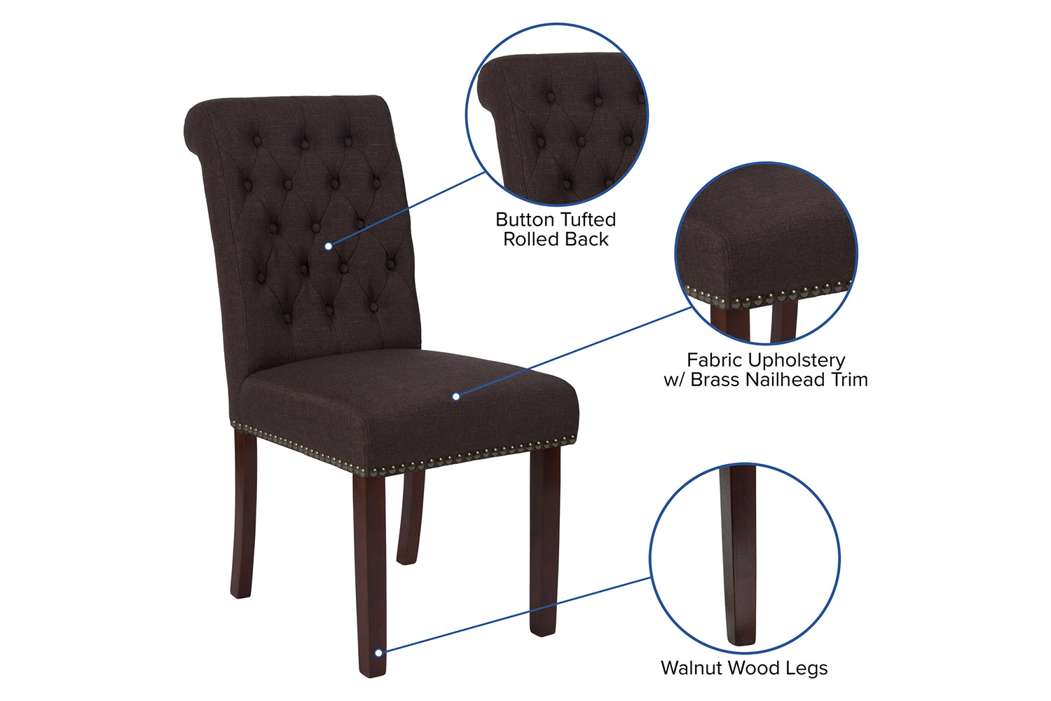 BLNK™ HERCULES Series Fabric Parsons Chair with Rolled Back, Accent Nail Trim and Walnut Finish - Brown