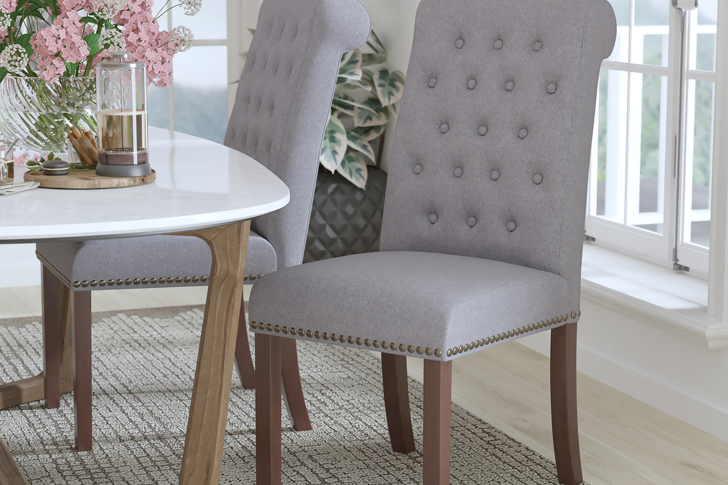 BLNK HERCULES Series Fabric Parsons Chair with Rolled Back, Accent Nail Trim and Walnut Finish