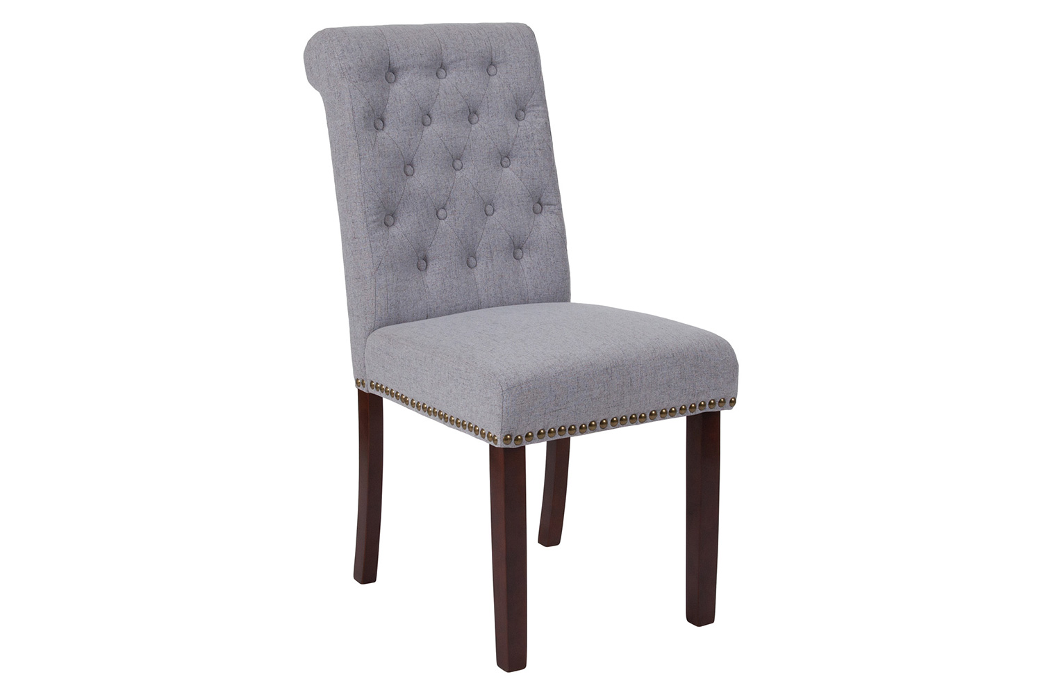 BLNK HERCULES Series Fabric Parsons Chair with Rolled Back, Accent Nail Trim and Walnut Finish - Light Gray