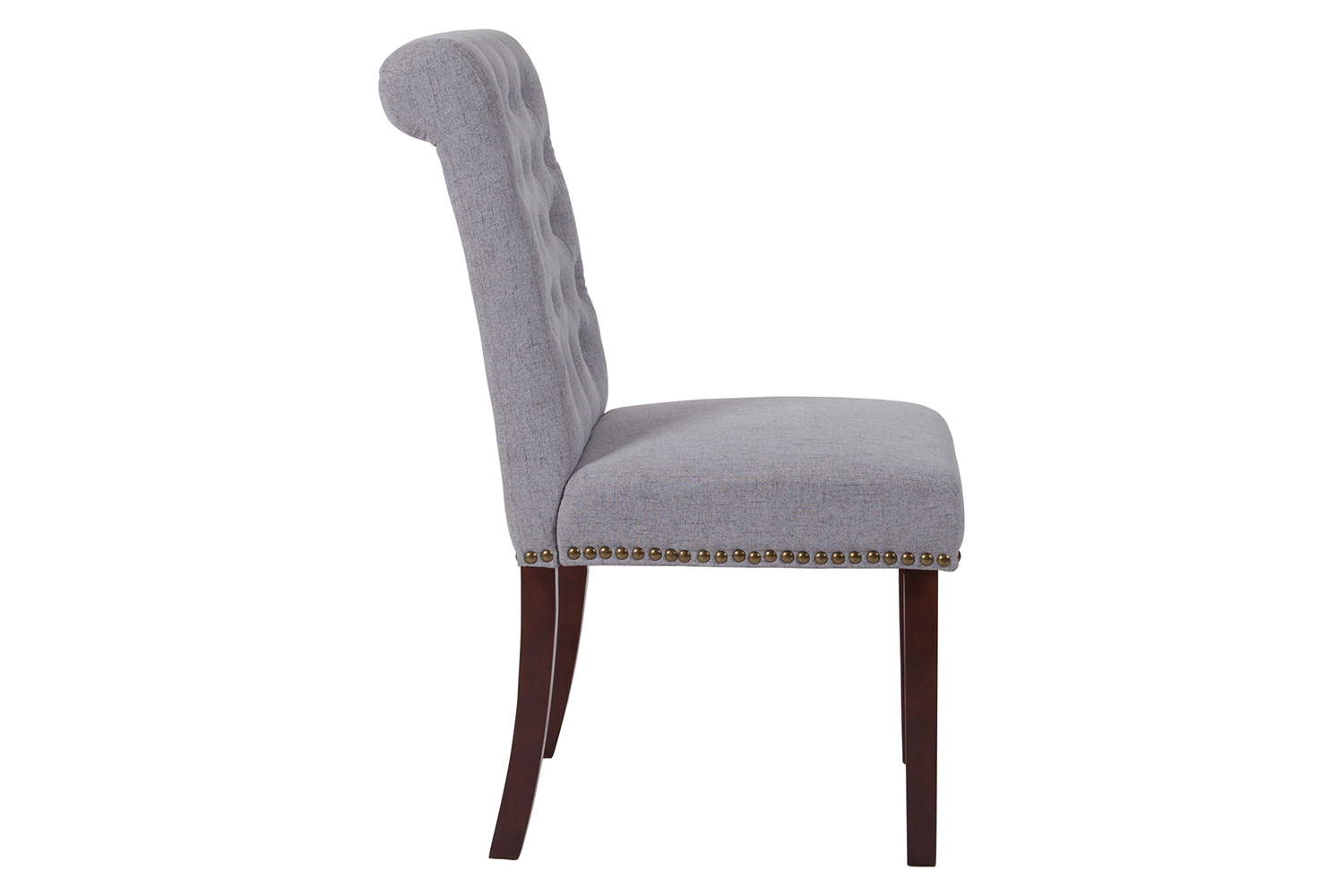 BLNK HERCULES Series Fabric Parsons Chair with Rolled Back, Accent Nail Trim and Walnut Finish - Light Gray