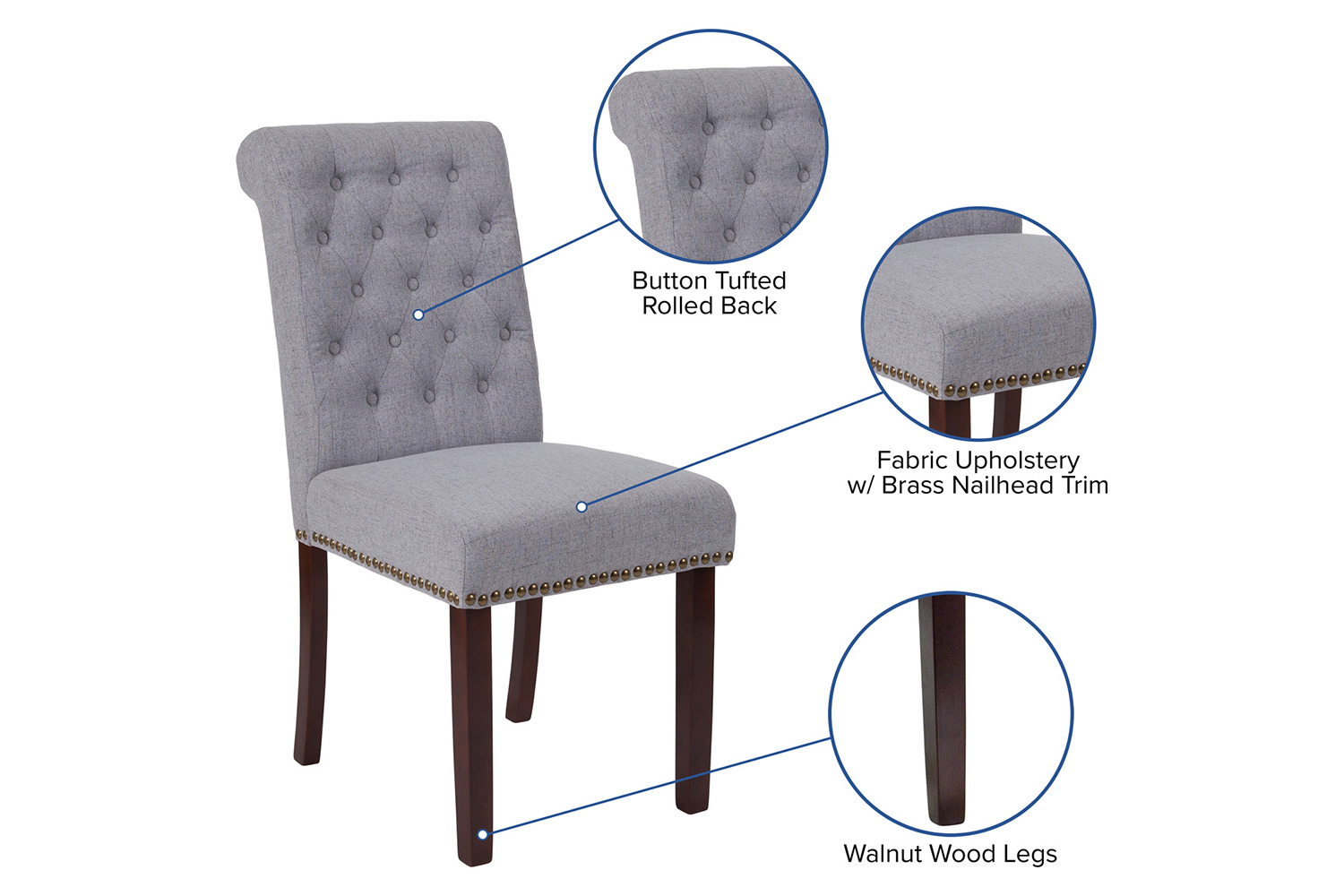 BLNK HERCULES Series Fabric Parsons Chair with Rolled Back, Accent Nail Trim and Walnut Finish - Light Gray