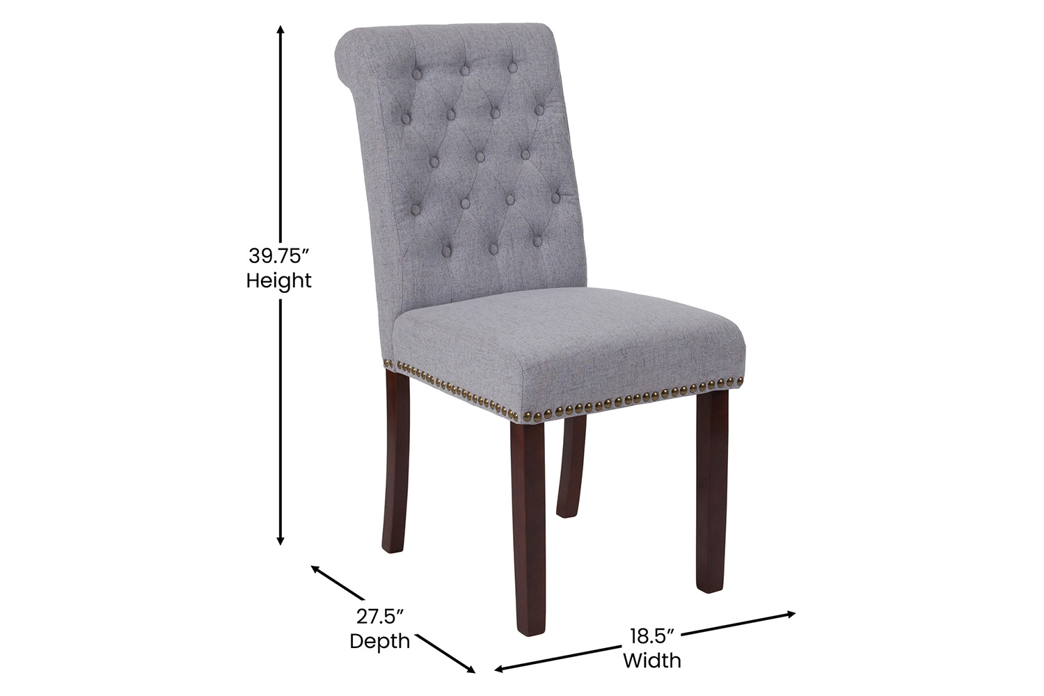 BLNK HERCULES Series Fabric Parsons Chair with Rolled Back, Accent Nail Trim and Walnut Finish - Light Gray