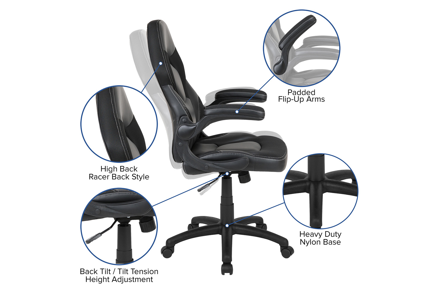 BLNK X10 Gaming Racing Office Ergonomic Computer PC Adjustable Swivel Chair with Flip-up Arms - Black