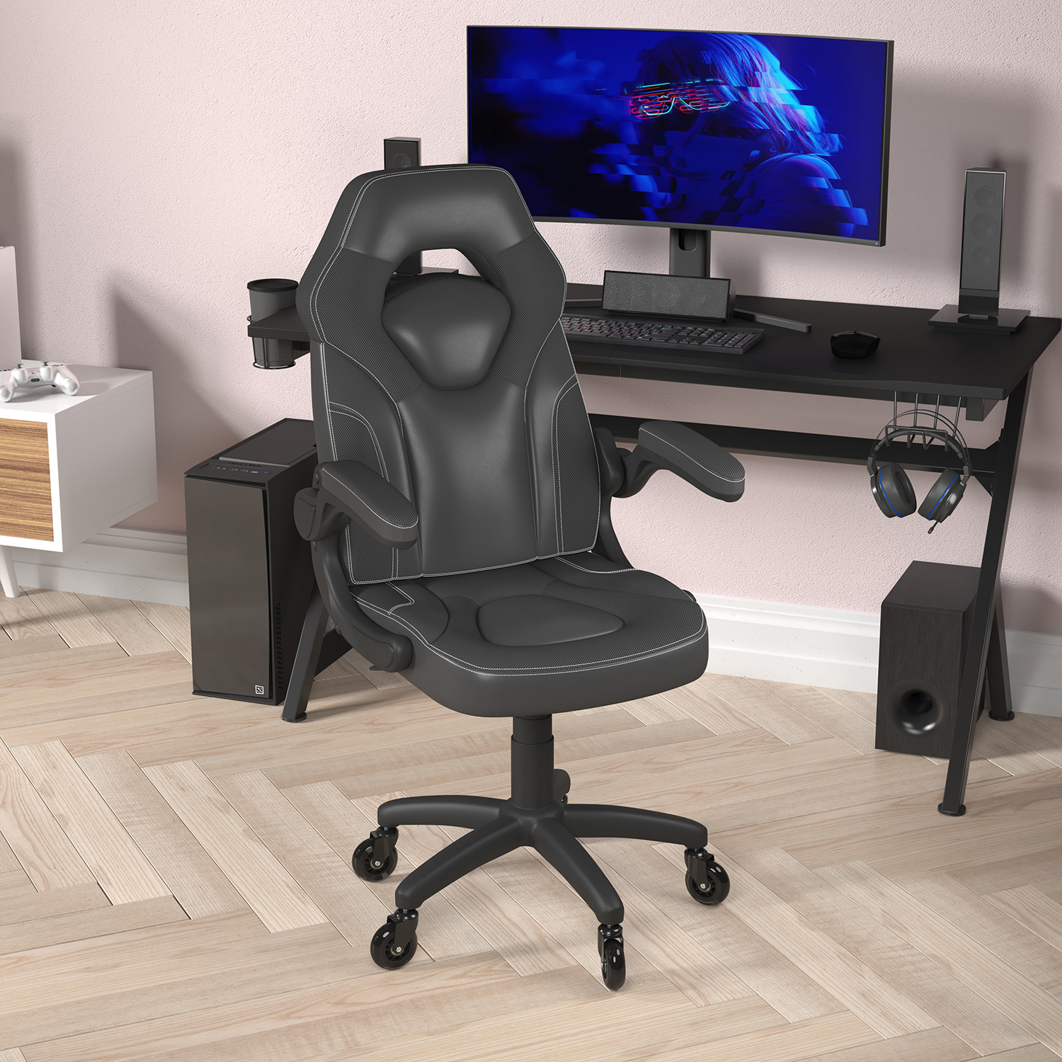 BLNK X10 Gaming Racing Office Computer PC Adjustable Chair with Flip-up Arms and Transparent Roller Wheels - Black