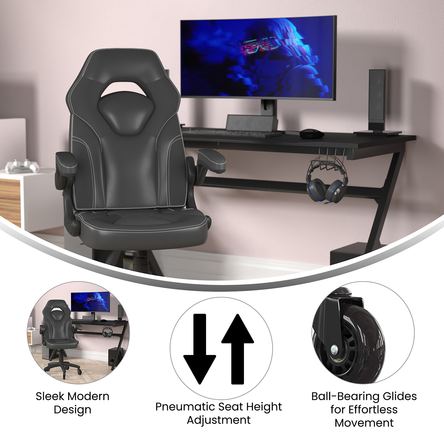 BLNK X10 Gaming Racing Office Computer PC Adjustable Chair with Flip-up Arms and Transparent Roller Wheels - Black