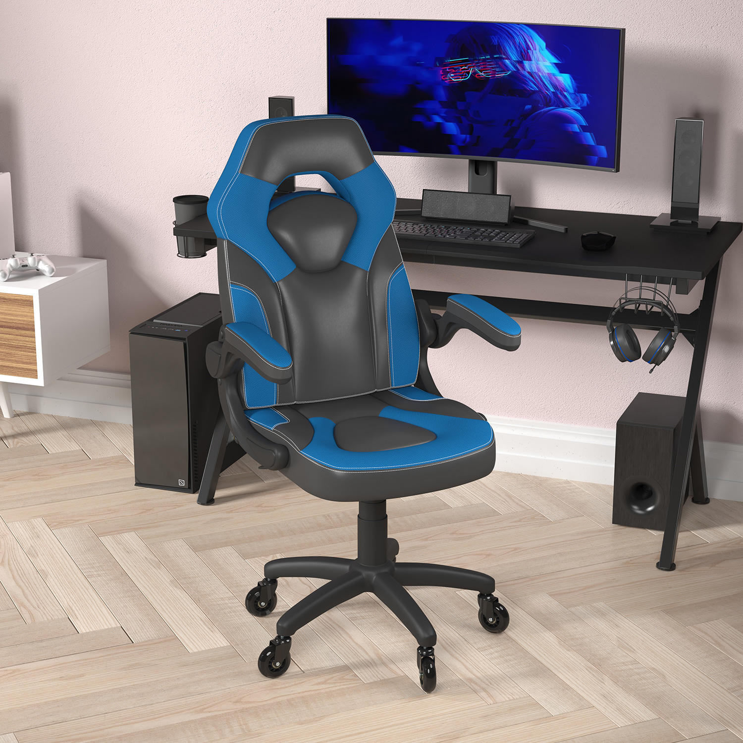 BLNK X10 Gaming Racing Office Computer PC Adjustable Chair with Flip-up Arms and Transparent Roller Wheels - Blue/Black