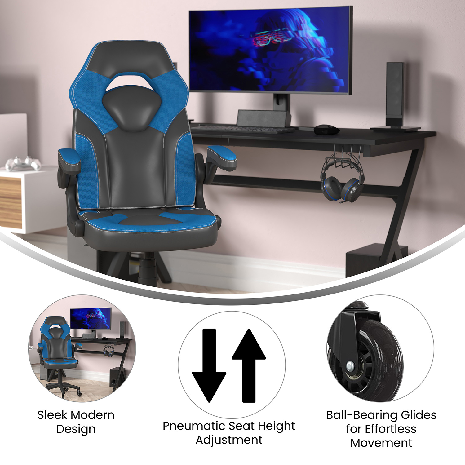 BLNK X10 Gaming Racing Office Computer PC Adjustable Chair with Flip-up Arms and Transparent Roller Wheels - Blue/Black