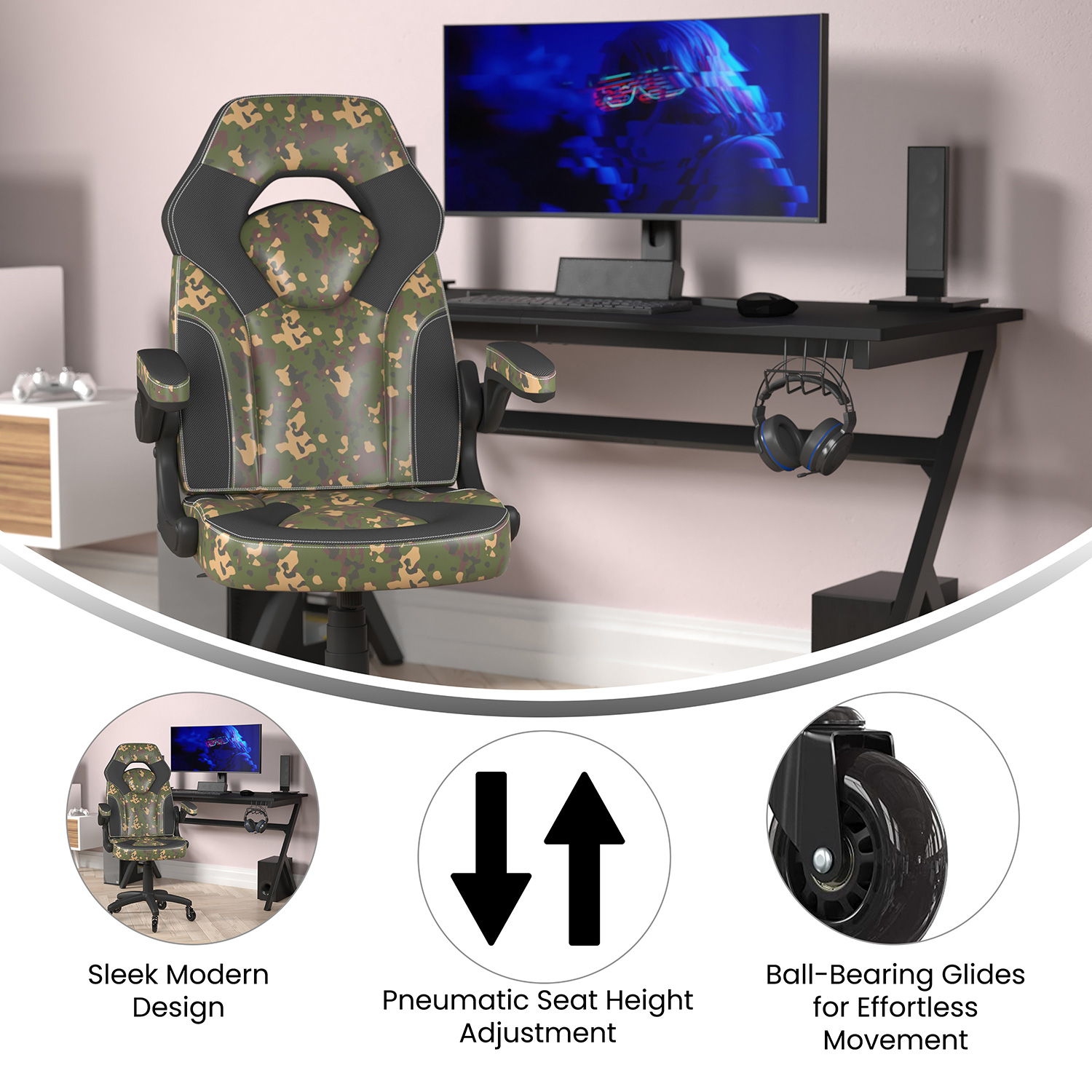 BLNK X10 Gaming Racing Computer PC Adjustable Chair with Flip-up Arms and Transparent Roller Wheels - Camouflage/Black