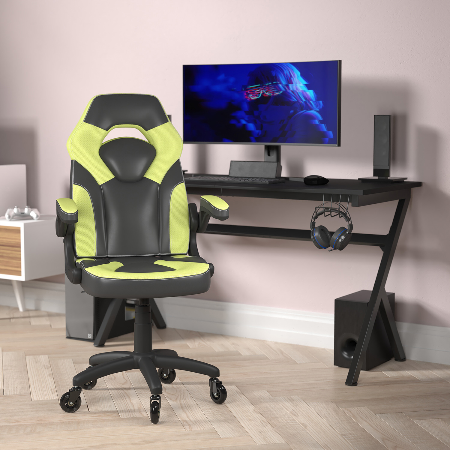 BLNK X10 Gaming Racing Computer PC Adjustable Chair with Flip-up Arms and Transparent Roller Wheels