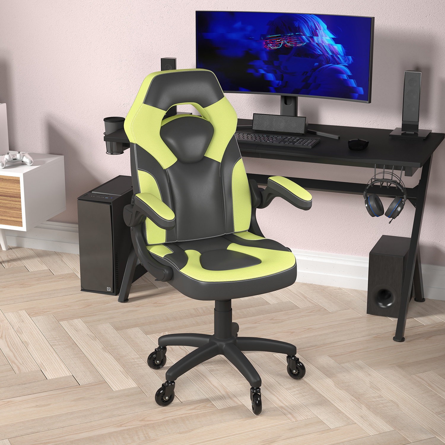 BLNK X10 Gaming Racing Computer PC Adjustable Chair with Flip-up Arms and Transparent Roller Wheels - Neon Green/Black