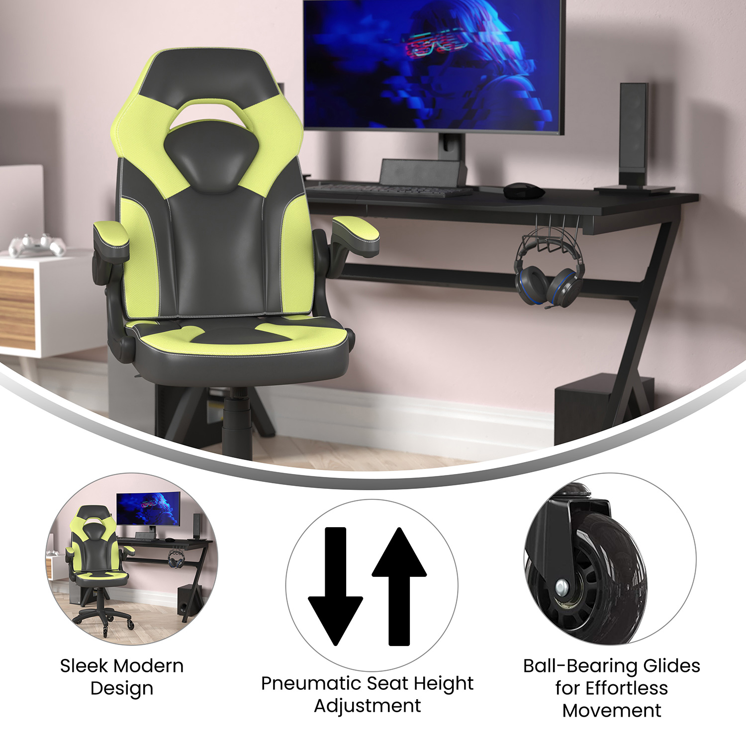 BLNK X10 Gaming Racing Computer PC Adjustable Chair with Flip-up Arms and Transparent Roller Wheels - Neon Green/Black