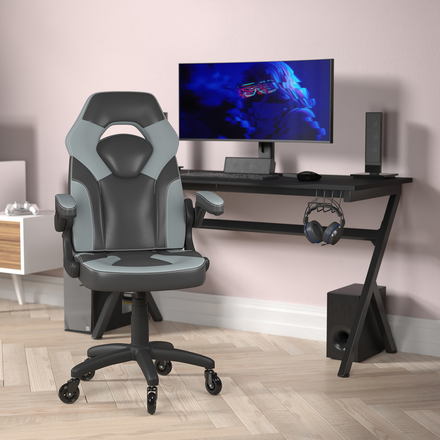 BLNK X10 Gaming Racing Office Computer PC Adjustable Chair with Flip-up Arms and Transparent Roller Wheels